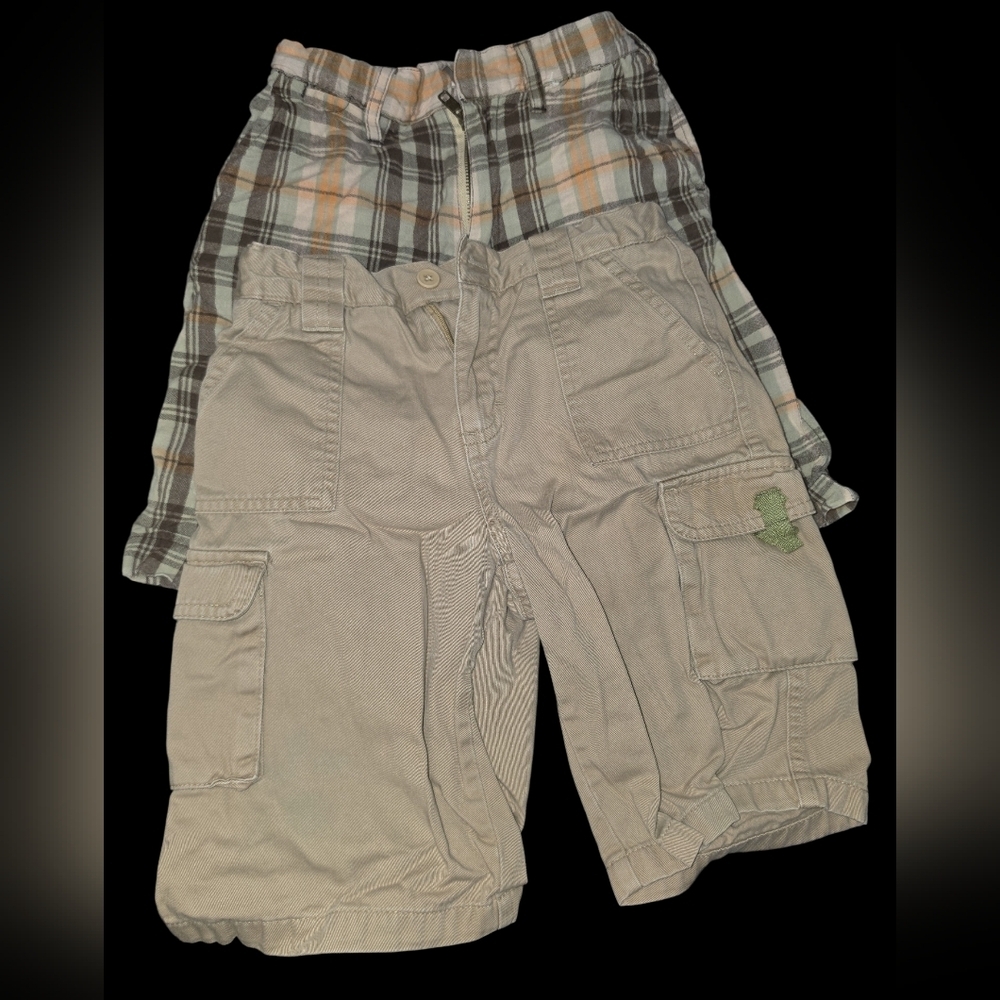 Preloved Kids Size 5 Khaki Cargo Shorts And Kids Plaid Shorts.